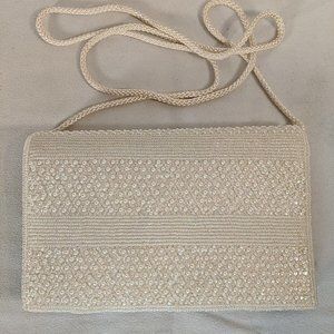 Vintage 100% Silk Beaded Purse Cream White Sparkly Shoulder Strap Bag Clutch